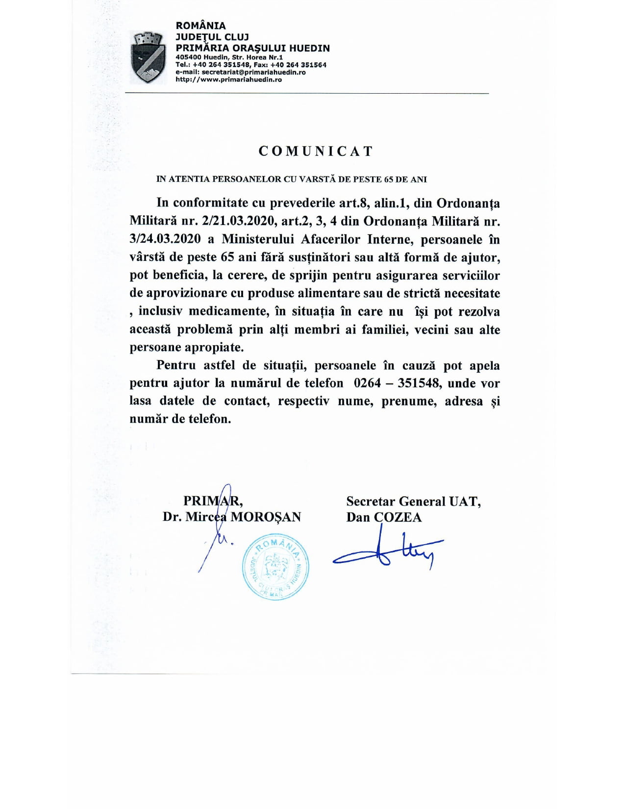 Primăria Huedin: Vârstnicii peste 65 de ani pot beneficia, la cerere, de sprijin pentru aprovizionarea cu produse alimentare!
