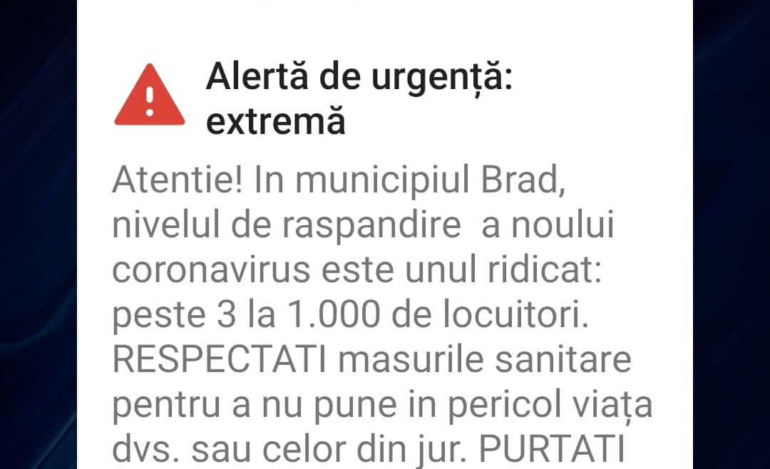 Brădenii au fost avertizați de RO-Alert prin SMS: Nivelul de răspândire a noului coronavirus este de peste 3 la 1.000 de locuitori!