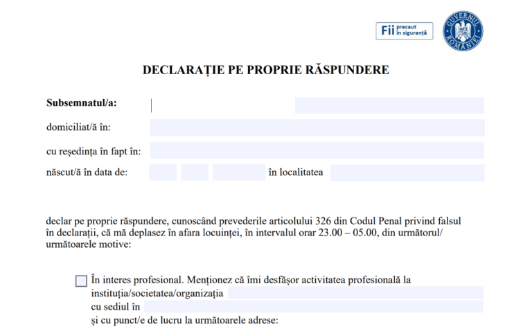 MODELUL declarației pe proprie răspundere, document necesar de luni pe timp de noapte, după ora 21.00
