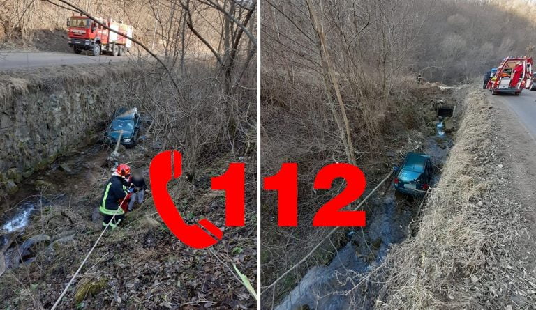Trei clujeni au fost salvați de pompieri după ce au căzut cu mașina 3 metri în albia unui râu din Băișoara!