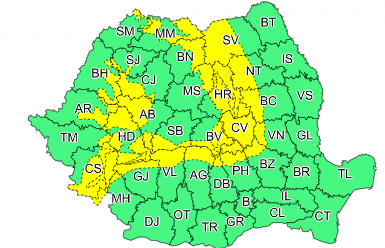 Cod GALBEN de ploi, ninsori abundente și viscol în Munții Apuseni și în țară, până sâmbătă!