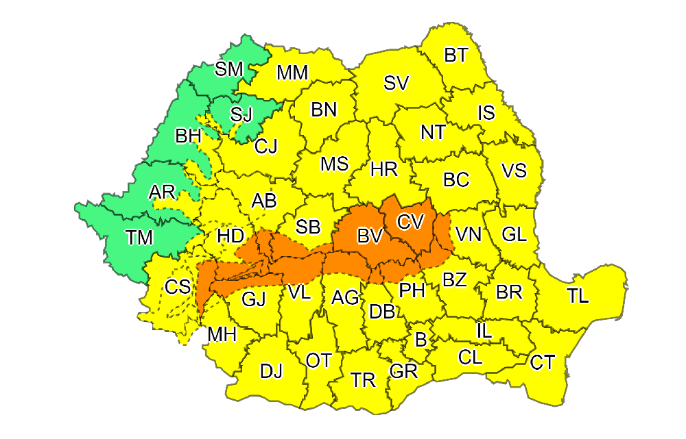 COD PORTOCALIU și COD GALBEN de ploi, ninsori și viscol, în Munții Apuseni, până joi dimineața!