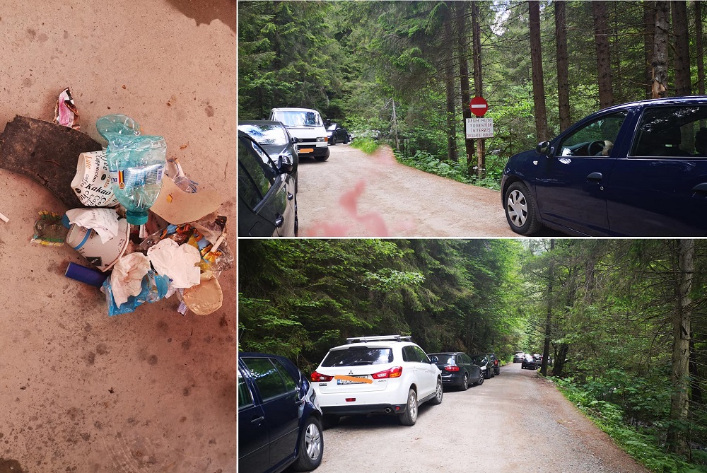 Gunoaie aruncate la întâmplare și mașini parcate fără rușine la Cascada Vălul Miresei de la Răchițele