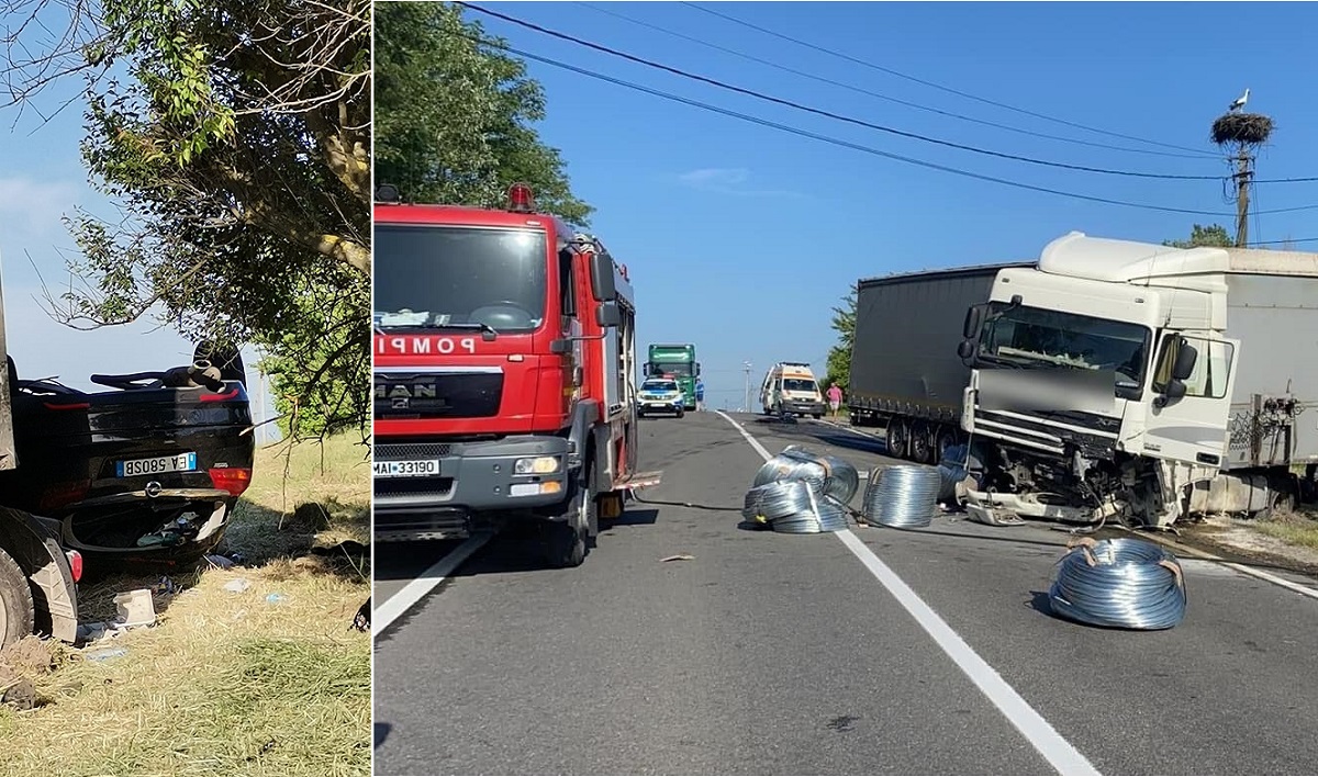 Accident soldat cu 3 morți pe DN1 E60, Cluj-Oradea, în Morlaca! Un TIR a făcut praf o mașină! A intervenit un elicopter SMURD!