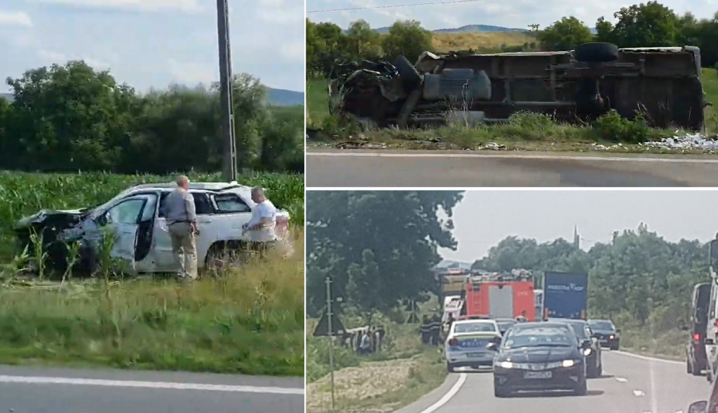 (VIDEO) Accident rutier pe DN1 E60 lângă Urvind, între o mașină și o autoutilitară