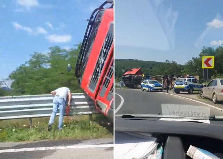 (VIDEO) Accident pe DN76 Deva-Brad în Luncoiu de Jos: Un TIR răsturnat peste balustradă!