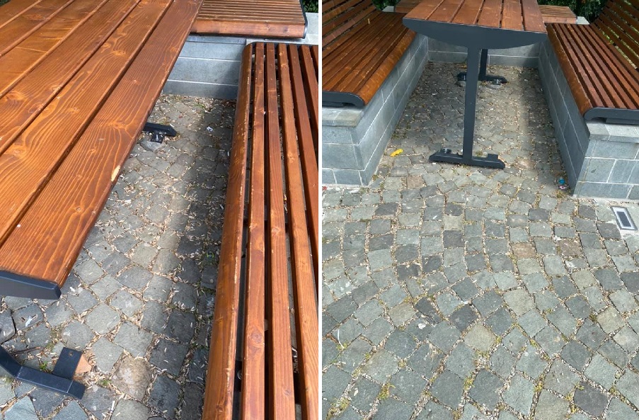Nesimțiții au ciobit băncile noi și moderne din Ștei! Nu lipsesc mucurile de țigară și cojile de semințe aruncate pe jos!