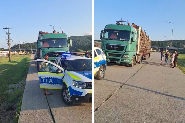 (VIDEO) Control la un camion cu lemne în Gilău! Activiștii: 1,7 tone peste limita legal admisă de 40 de tone!