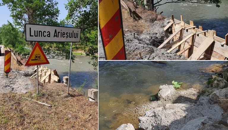 RUȘINOS: La Lunca Arieșului, surpatul  DN75, stă sprijinit în arini! Spoiala de ciment din cofrag s-a scurs în  Arieș!