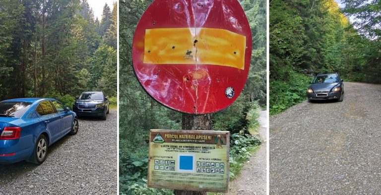 Intrarea spre Valul Miresei din Parcul Natural Apuseni, parcare auto pentru șoferii nesimțiți!