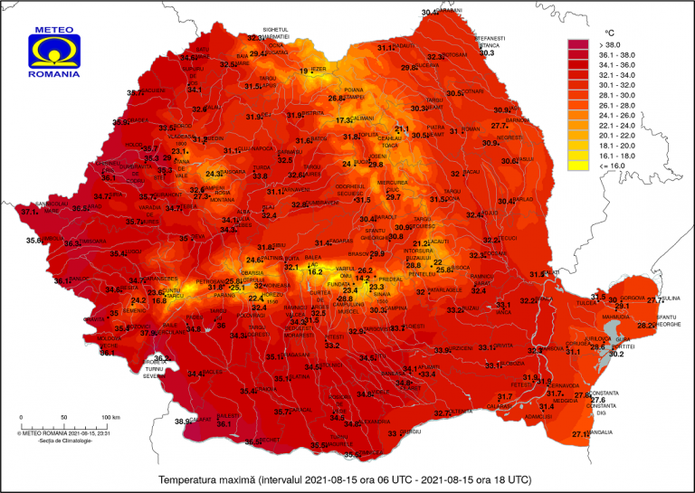 Căldură mare în Munții Apuseni: Brad 34 °C, Abrud 32 °C, Câmpeni 31 °C, Beiuș 36 °C, Aleșd 34 °C, Huedin 32 °C și Zlatna 33 °C
