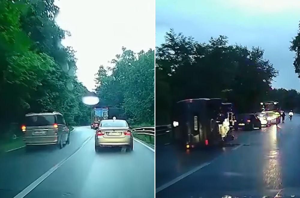 (VIDEO) Șofer inconștient, slalom printre mașini, peste linia continuă: În final s-a răsturnat pe carosabil!