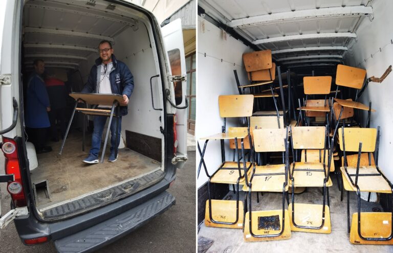 Călin Matieș, colegii săi și profesori din Alba Iulia au donat 20 de băncuțe și scaune Școlii din Sohodol!