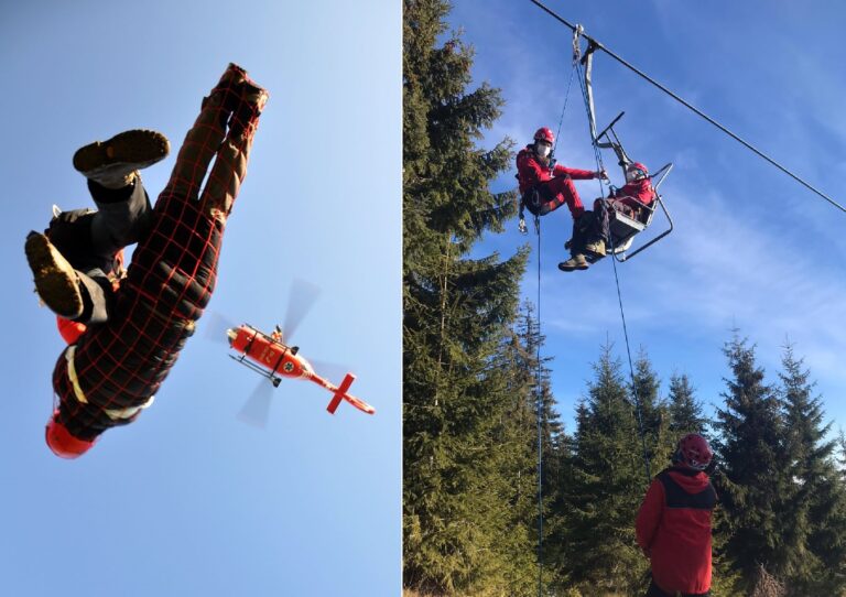 Exercițiu de salvare din telescaun, cu intervenția elicopterului, pe pârtia din Mărișel!