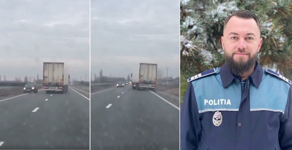 (VIDEO) Un polițist din Bihor a imobilizat un șofer mort de beat, care conducea haotic un TIR