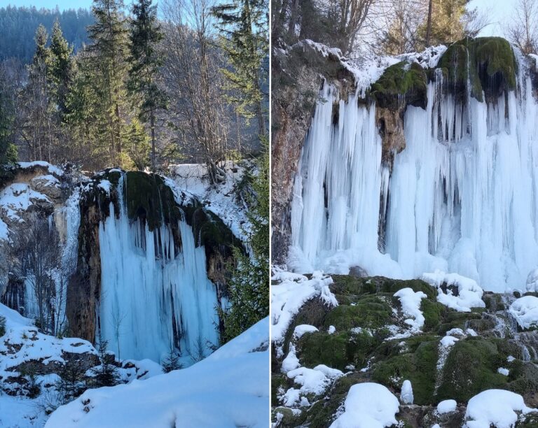 VIDEO superb de la Cascada Pișoaia, în straie de iarnă, cădere de apă de peste 18 metri înălțime!
