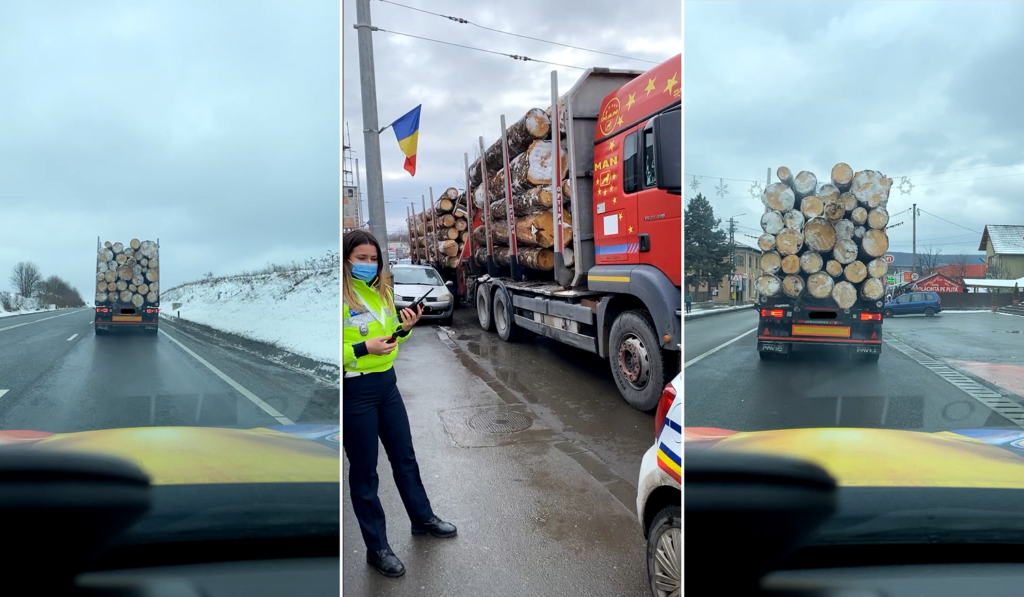 Un camion cu lemne supraîncărcat a fost depistat pe DN1 E60 Huedin-Gilău