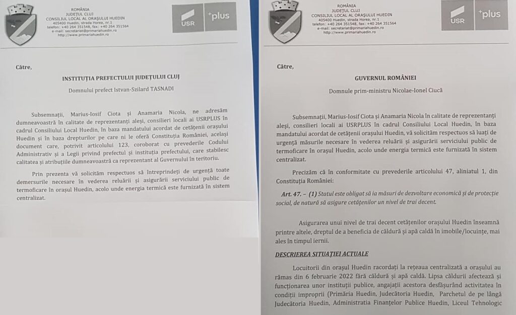 Consilierii USR din Huedin au solicitat Prefectului de Cluj și Guvernului României, ajutor financiar și logistic pentru remedierea crizei agentului termic și a apei calde din Huedin