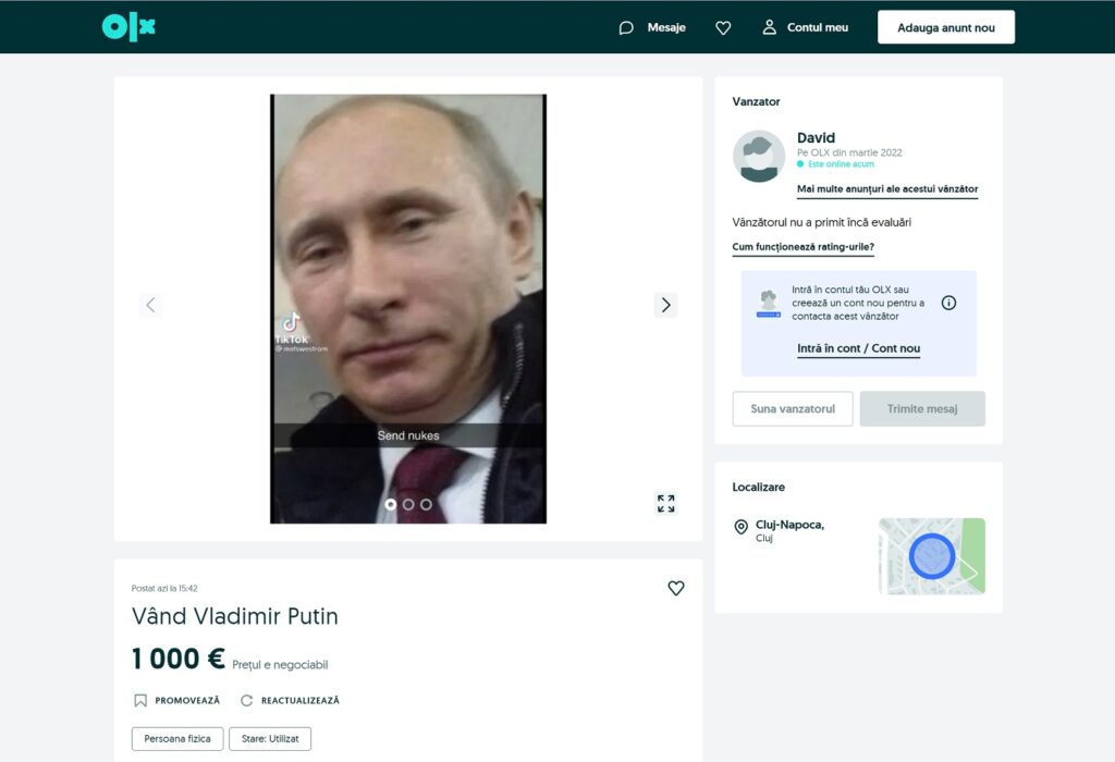 Clujenii l-au scos la vânzare pe Vladimir Putin pe OLX