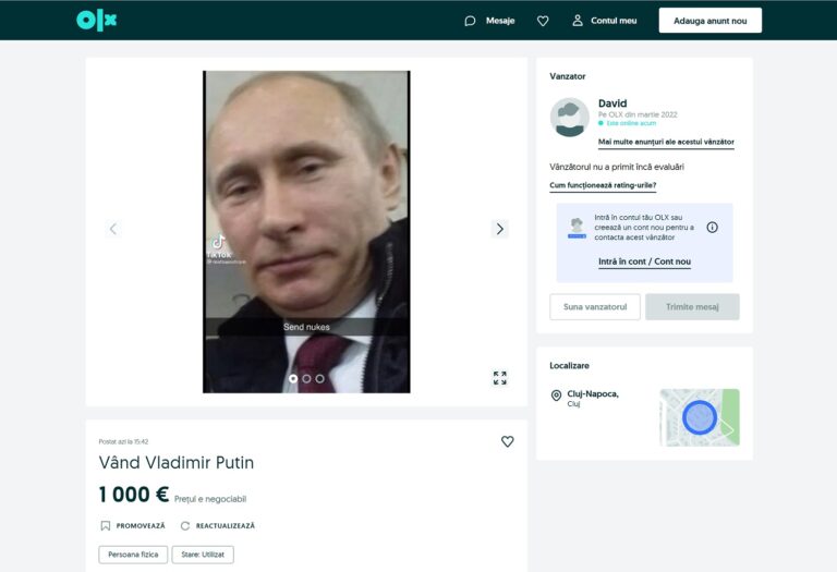 Clujenii l-au scos la vânzare pe Vladimir Putin pe OLX