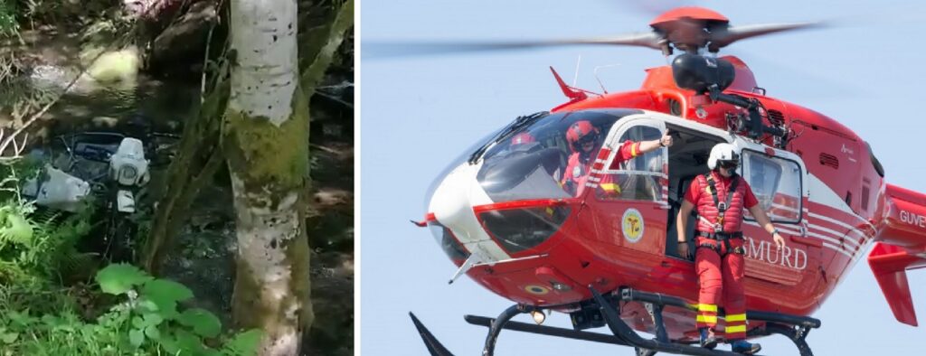(VIDEO) Doi motocicliști germani au fost salvați după ce au căzut într-o râpă din Răchițele