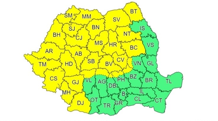 COD GALBEN de ploi, vijelii, descărcări electrice și grindină în Apuseni, Transilvania, Banat și Crișana