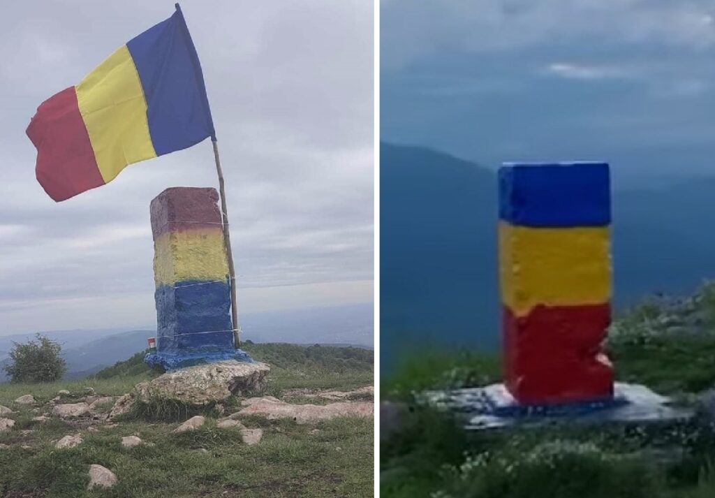 (VIDEO) Borna de la Piatra Secuiului a fost vopsită greșit și a fost revopsită