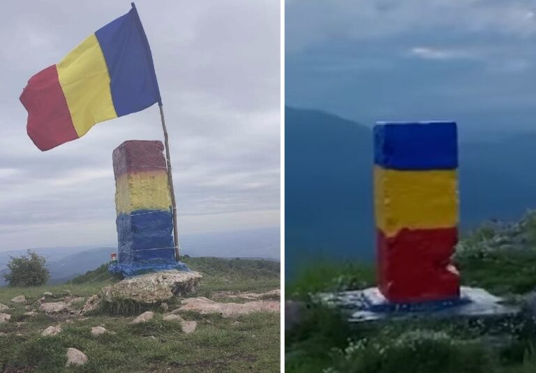 (VIDEO) Borna de la Piatra Secuiului a fost vopsită greșit și a fost revopsită
