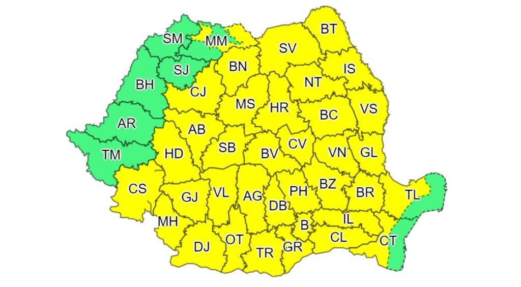 Cod Galben de vijelii, averse torenţiale și izolat grindină în Apuseni, Crișana și Transilvania!
