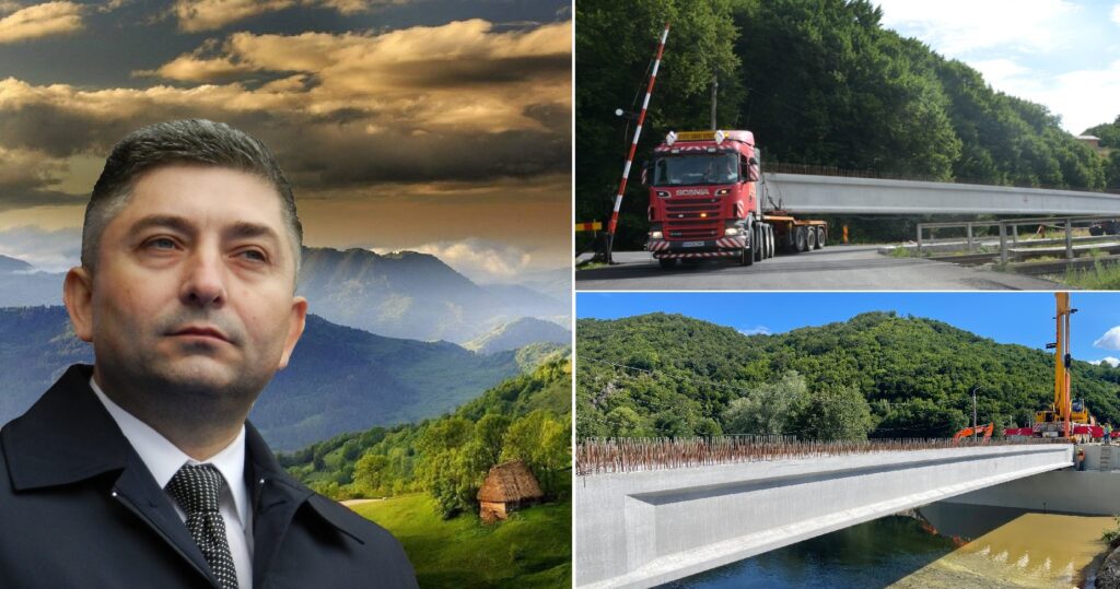 VIDEO spectaculos cu montarea grinzilor din beton la podul peste râul Crișul Repede din Valea Drăganului! Tișe mai dă o lovitură cu drumul perlă din Apuseni!
