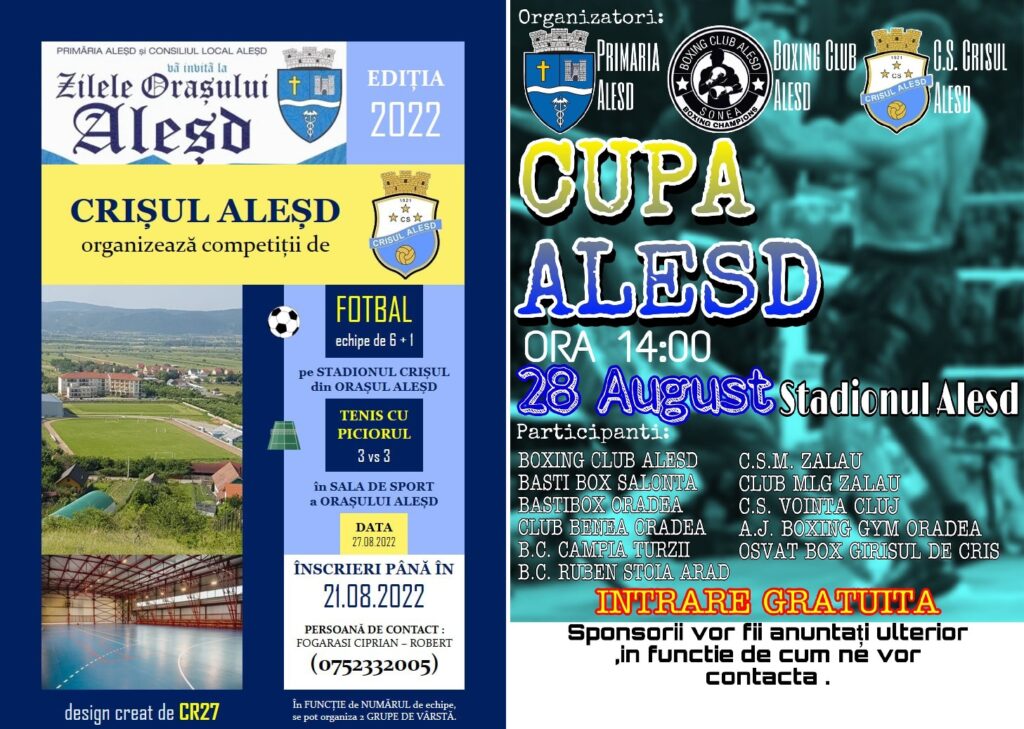 Ce competiții sportive se vor organiza la Zilele Orasului Alesd, în 27-28 august?