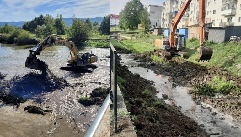 Lucrările de decolmatare avansează pe râul Crișul Repede în Huedin și Morlaca
