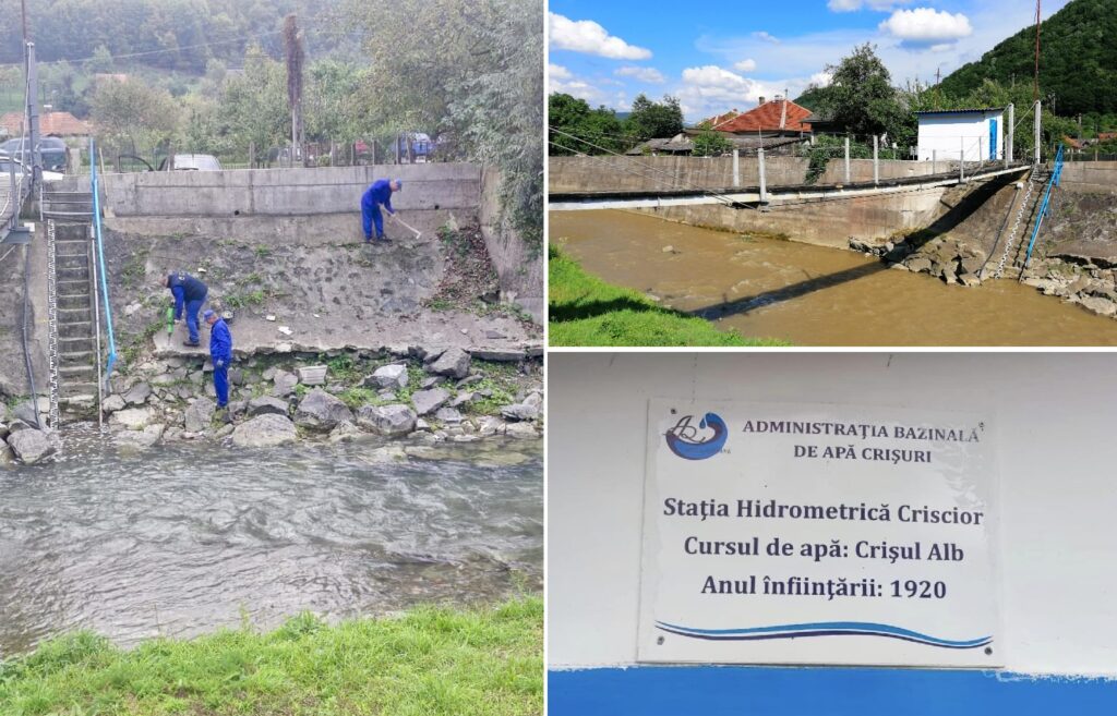 Lucrări de reparații la pereul stației hidrometrice Crișcior, pe Crișul Alb