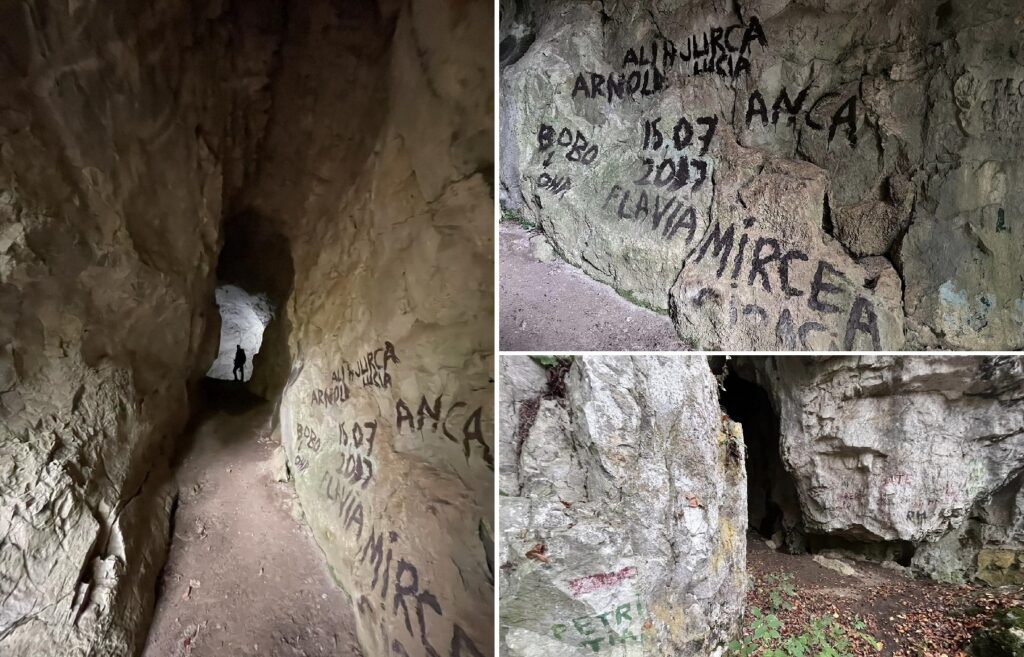 „Ioană, pentru tine am făcut liceul!” Cum au fost vopsiți/distruși pereții unei peșteri din eneolitic, cultura Coțofeni, de niște localnici și turiști?