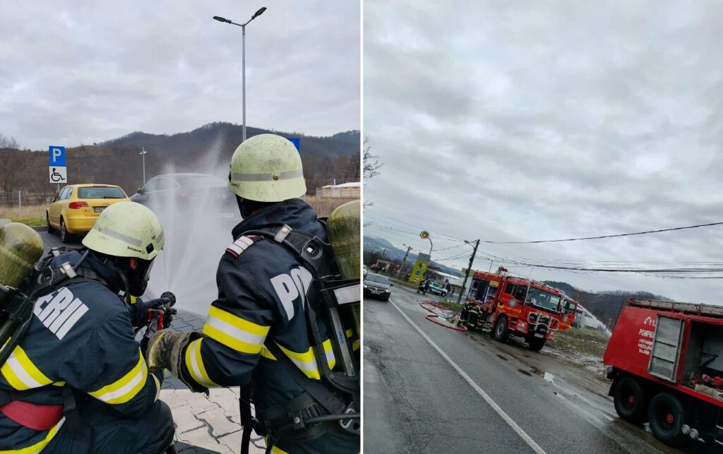 Exercițiu-INCENDIU la o benzinărie din Brad: O mașină care alimenta a plecat cu pompa în rezervor!