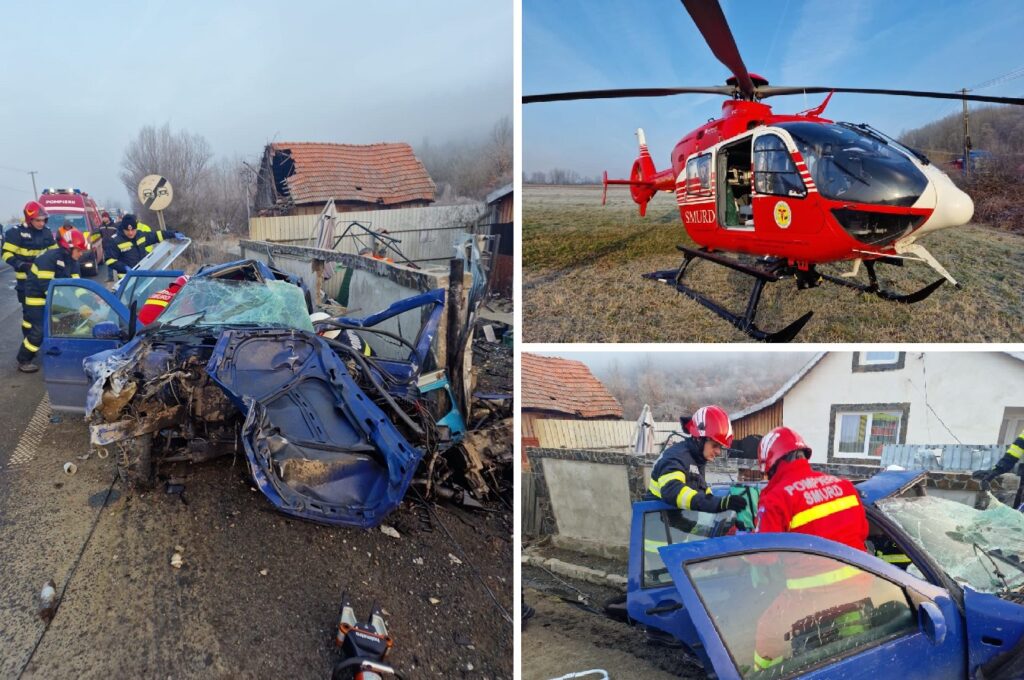 (FOTO) Accident grav în Căpruța. A intrat cu mașina într-un stâlp: Elicopterul SMURD a transportat victima la spital!