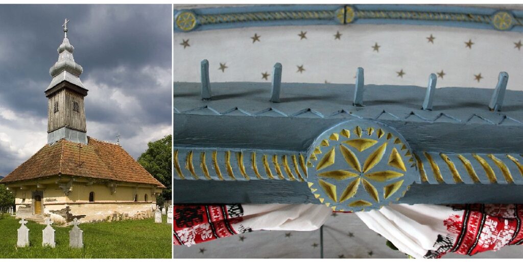 Biserica de lemn din Saca are o arhitectură sacrală cu astrele cerești sculptate în relief