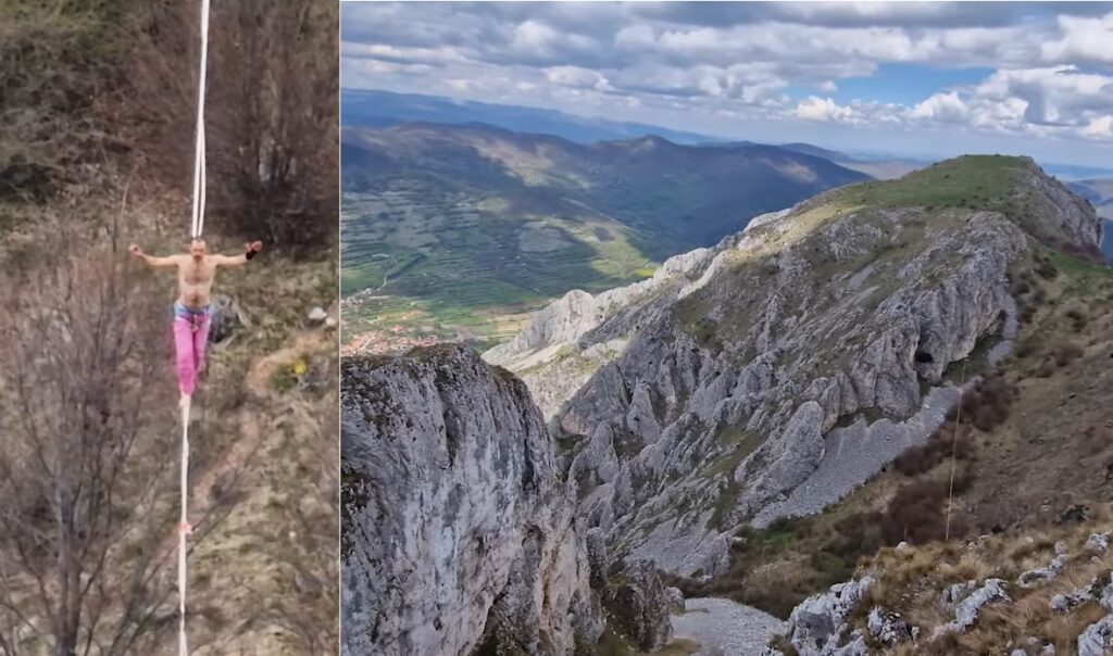 (VIDEO) Un acrobat a mers pe sârmă între două stânci, la Piatra Secuiului din Rimetea – Monitorul de Cluj