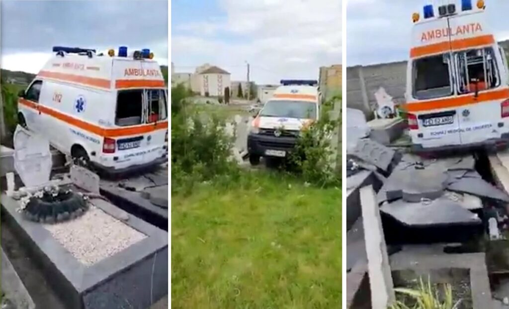(VIDEO) O ambulanță a ajuns într-un cimitir, între  morminte: Șoferul a uitat să tragă frâna de mână!