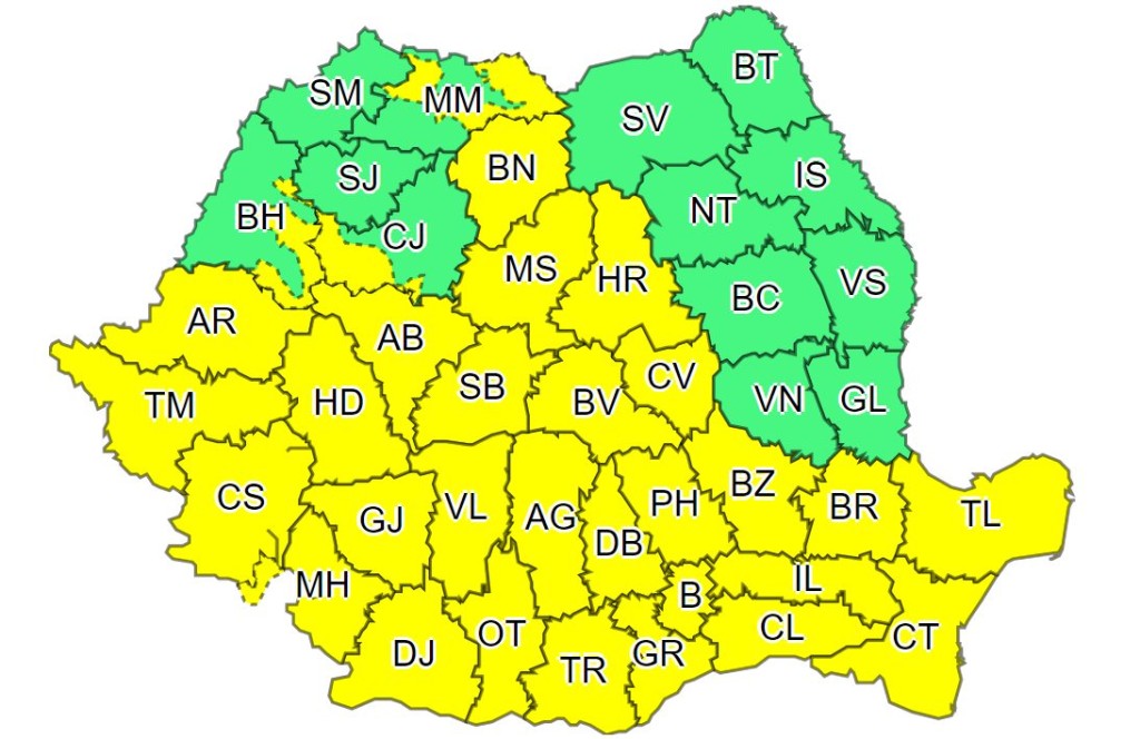 Cod Galben de furtuni, vijelii și grindină, în Transilvania și Apuseni până vineri noaptea