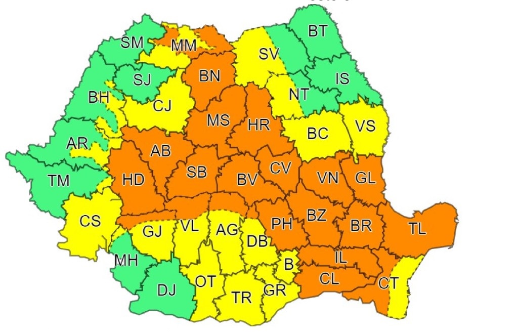 Cod portocaliu de ploi torențiale, vijelii, grindină în Transilvania și Crișana
