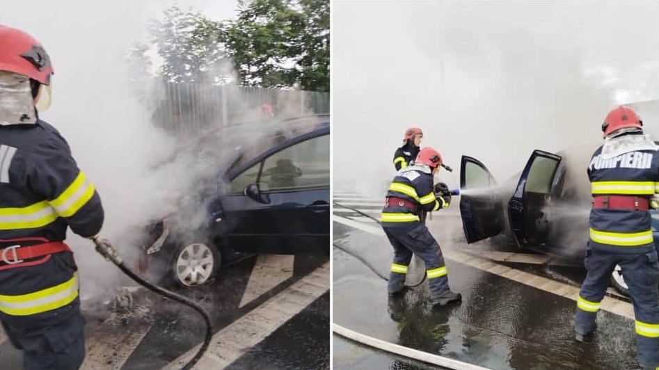 O mașină a luat foc pe Autostrada A1, sensul Sebeș – Deva