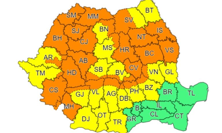 Cod Portocaliu de ploi torențiale, descărcări electrice și furtuni în Transilvania și Crișana