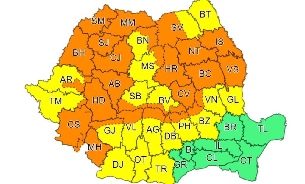 Cod Portocaliu de ploi torențiale, descărcări electrice și furtuni în Transilvania și Crișana