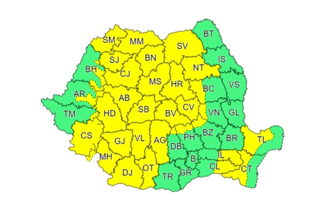 Cod Galben de ploi torențiale, descărcări electrice și vijelii în Transilvania