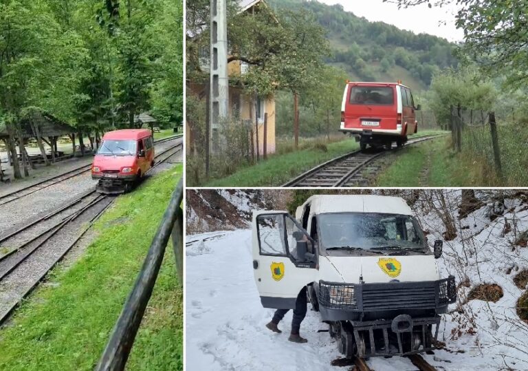 Pe Valea Vaserului, furgonetele s-au transformat în „mocănițe”: Firmele de exploatare forestieră duc și aduc muncitorii cu furgonete pe șine