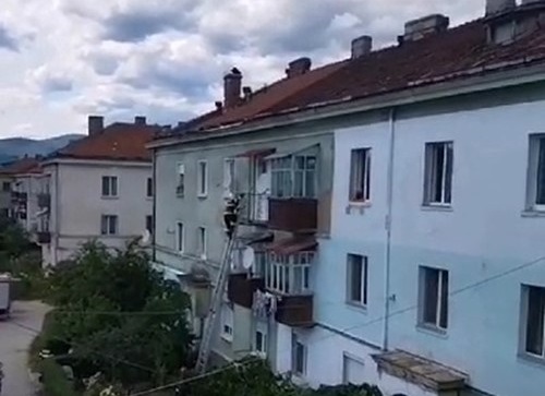 Pompierii șteieni au salvat un câine blocat pe acoperișul unui balcon