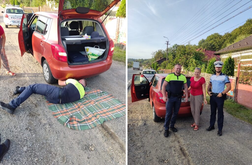 Trei polițiști din Huedin au reparat mașina unei femei: Cei trei au sărit imediat în ajutorul doamnei!