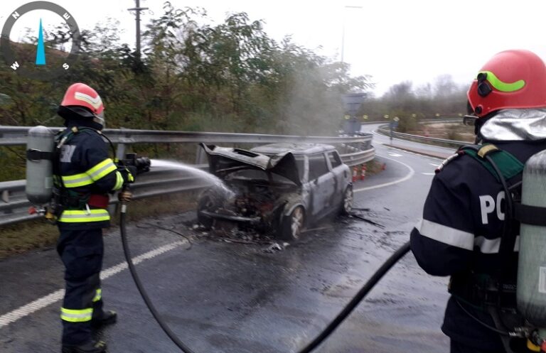Accident pe autostrada A1, spre Coșevița: Un autoturism aflat în trafic a luat foc!