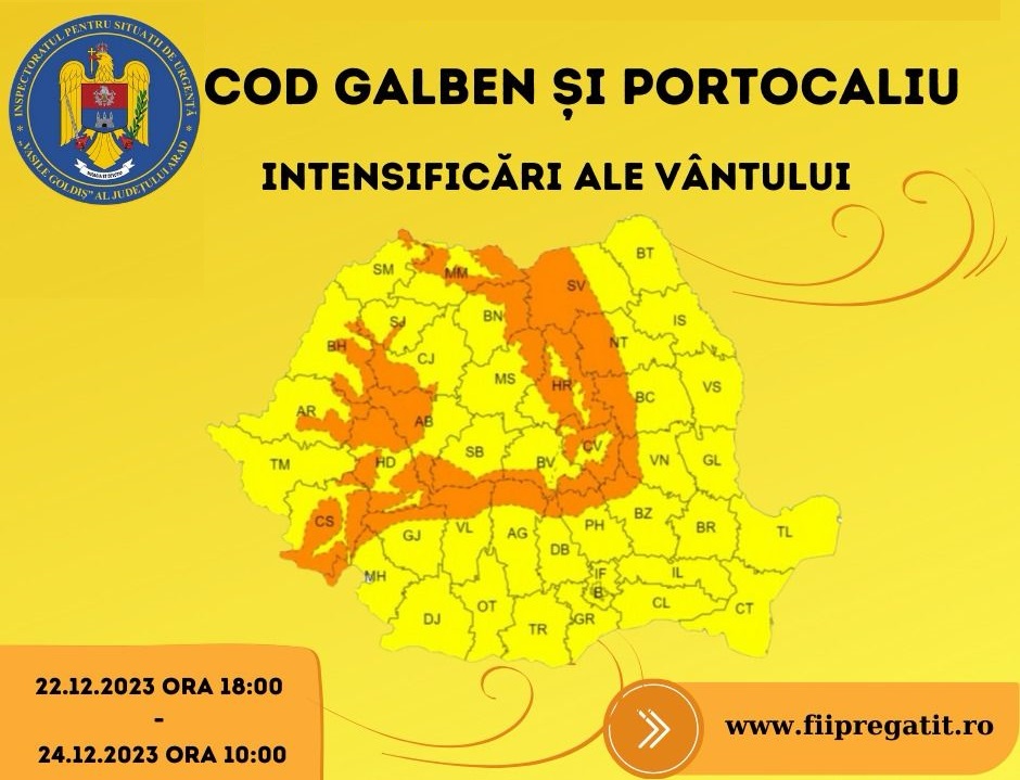 Cod portocaliu de vânt în Apuseni și cod galben de vânt în Crișana și Transilvania